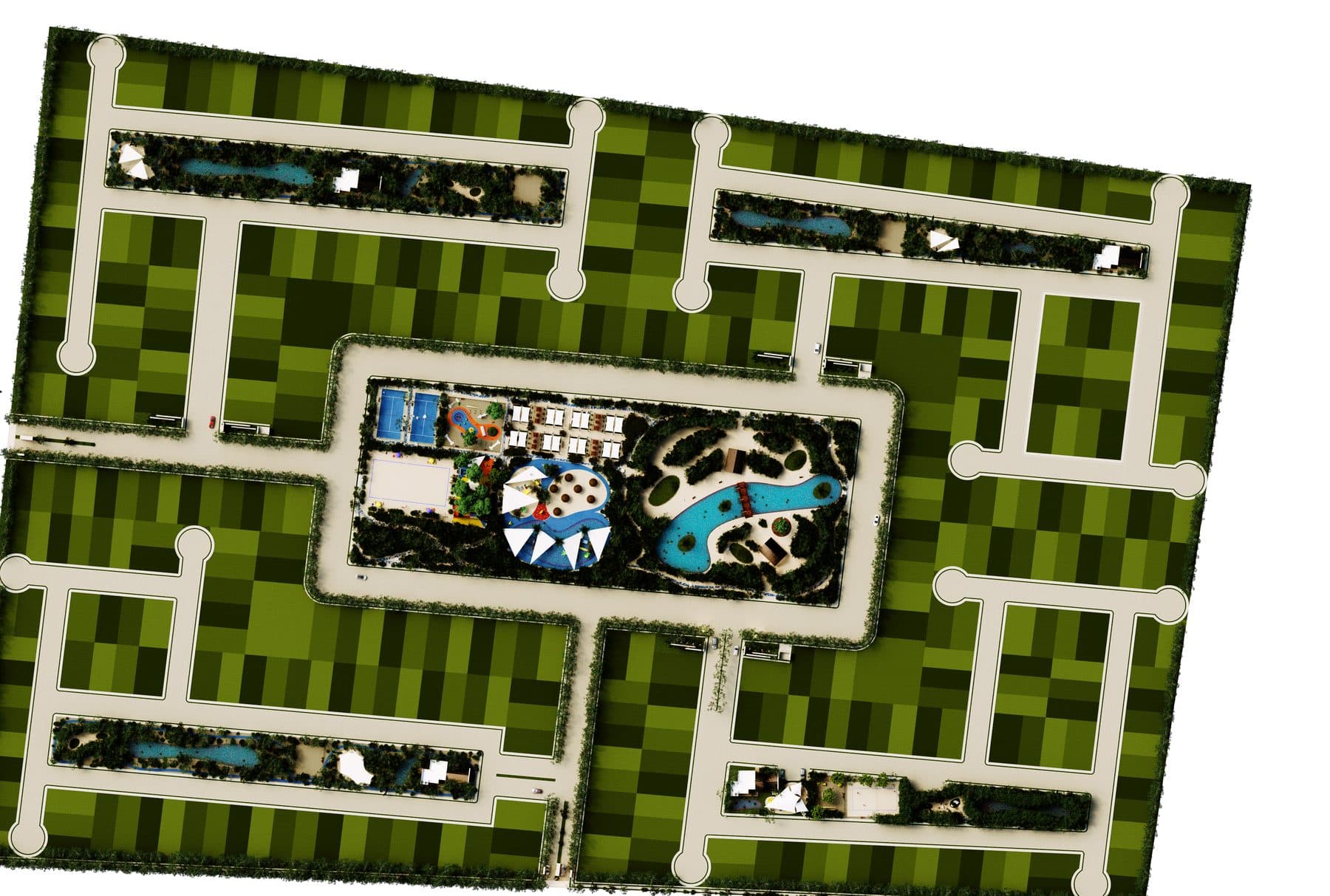 Plano maestro de un desarrollo con lotes, calles, áreas verdes y casa club
